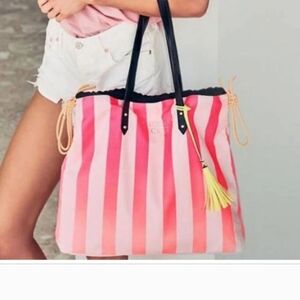 Victoria's Secret Neon Stripe Canvas Summer Tote Weekender Drawstring Cinch Bag